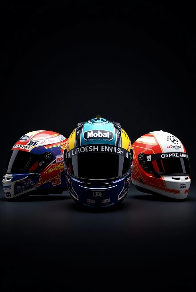 A wallpaper that has as its theme 3 helmet racing drivers that the image focuses only on the helmets , Another angle