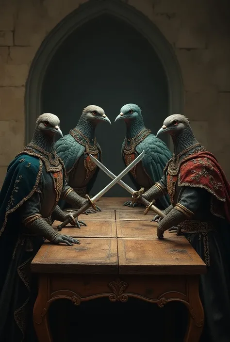 Meeting of killer doves dressed in medieval clothing joining their swords on a table 