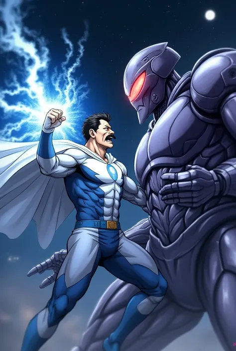 Intense fight scene between two characters. Character 1: a (Middle-aged man with short black hair, in white cape, handle bar mustache, wearing skin tight white and blue original superhero suit, white gloves and white boots: (blue and white cosmic Energy em...