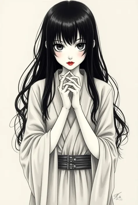 Lynn Minmay, 1fille, Seul, monochrome, tresser, Regardant le spectateur, robe, Cheveux longs, médias traditionnels, signature, frange, maquillage, mains jointes, cheveux noirs, partie supérieure du corps, rouge à lèvres, forage cheveux, nom de l&#39;artist...