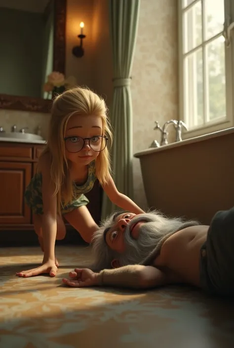 A blonde journalist with glasses, she reaches out to help a shirtless, cheatless gray-bearded  gnome gremlin lying on the floor with open arms in a luxurious bathroom. Make it in dsney animation movie style. realistic, kinematic, vivid colors.