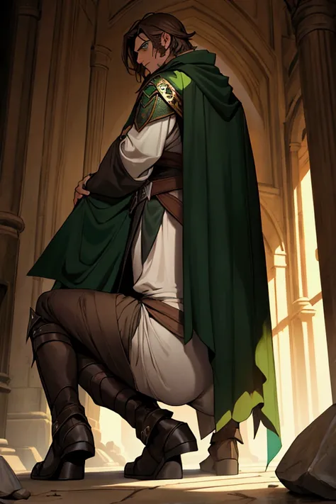 A man he is wearing a wizard cape . He has brown hair, green eyes. Hes crouching down showing his ass. scenario room.