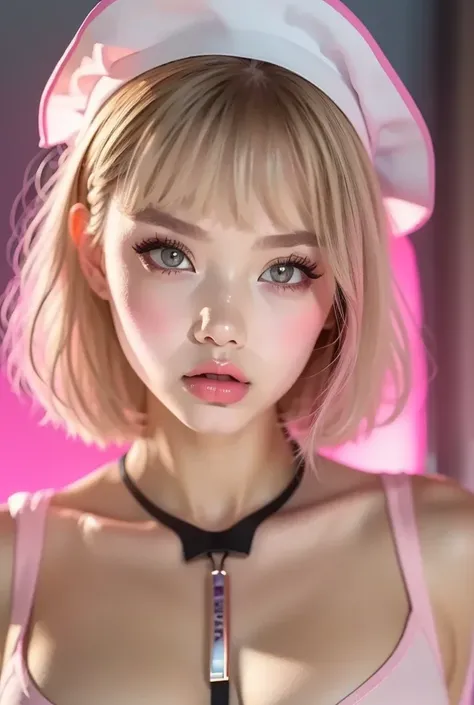 ((Extremely realistic)), ( super real), generate a highly realistic image, white backdrop,,15-year-old female,high school student、short bob hair, Im hiding my forehead with bangs,white-silver-colored eyes,Long False Eyelashes,Clear eyeliner、Thick lips,, Mo...