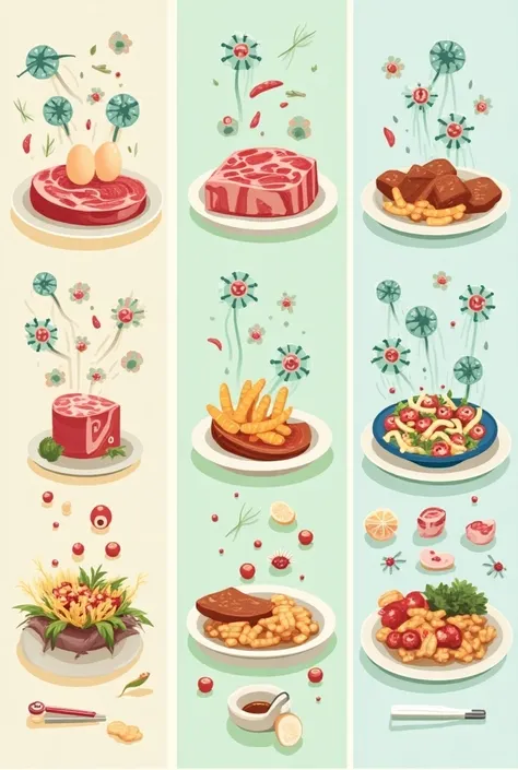  Image divided into three sections ,  each representing a food contamination condition : infection, intoxicação e toxinfection.  In the first section ,  show raw meat and eggs ,  with animated or stylized bacterial icons  (like Salmonella ).  In the second...