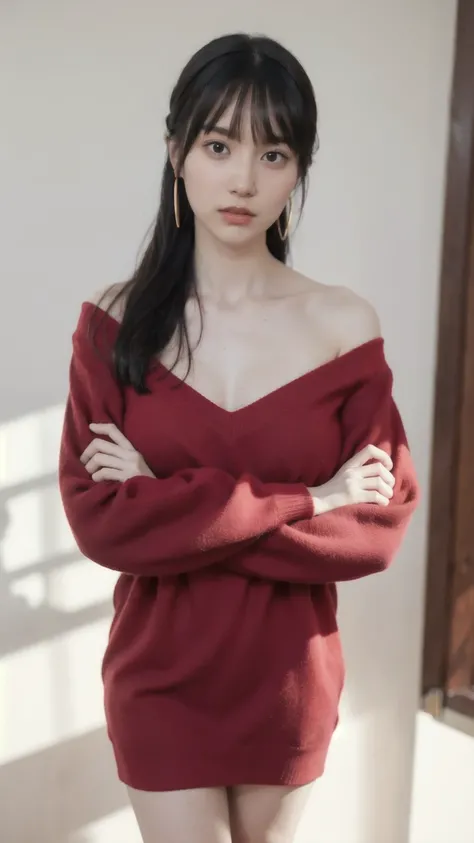 hight resolution、​masterpiece、1girl in、Bjorf、A dark-haired、long hair with long locks、white hairband、Look up、Kamimei、bending forward、Bring your face closer、Red Eyes、Gold Earrings、Jewelry、off shoulders、Red Sweater、long-sleeve, ((look at viewer)), Big breast:...