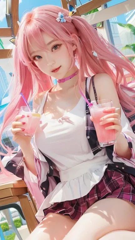 girl with pink hair and a white shirt holding a drink,  girl drinks juice drink, with a drink, holding a drink, seductive girl, goddess, marin kitagawa fanart, moe artstyle, splash art loli,  hi-fructose, best 4k konachan wallpaper, alchemist girl, drinkin...