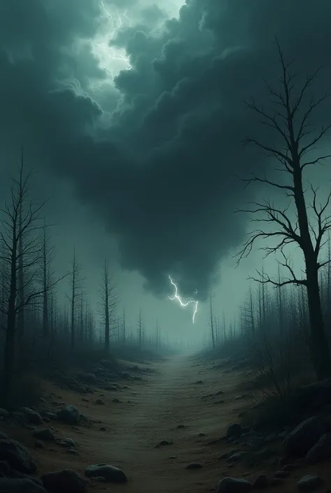  Create a flayer that has images of an apocalyptic background, In the center a storm