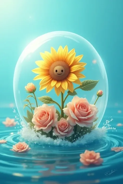 Animated Sunflower and roses in  a bubble with ocean waves surrounding 