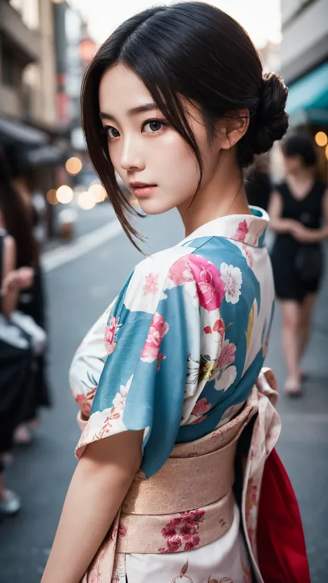  Beautiful Japanese Supermodel Women, Hair with some highlights,  black eyes , sexy，street background，Gorgeous kimono , The liquid color runs down her face, Backlit photography，Perfect Face Lighting，Mixed Media,Turn right