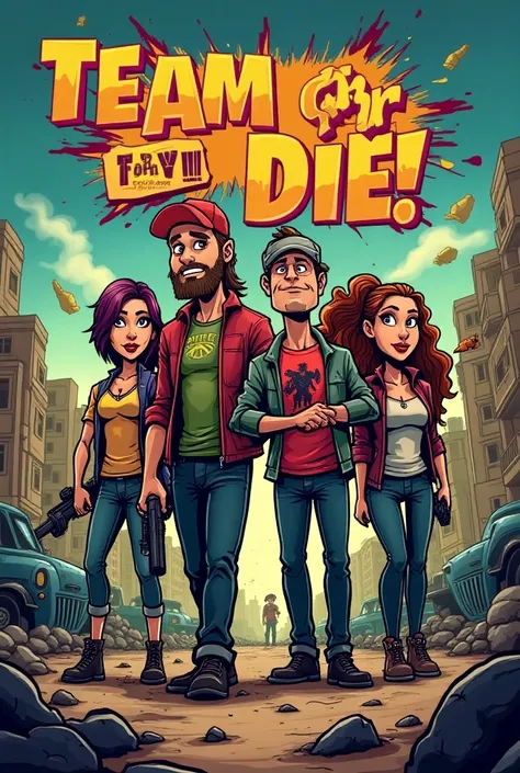 Create the cartoonish cover of a comic about 4 people two men and TWO women not zombies in a zombie apocalypse called "Team or Die " in Spanish