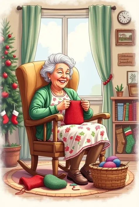 Line art, cartoonist, hand drawn sketch, old woman (floral dress, cardigan, white short hair), smile, sitting in rocking chair, living room background, Christmas decor, holding knitted sweater, currently knitting, christmas sweater, had fun knitting, knitt...