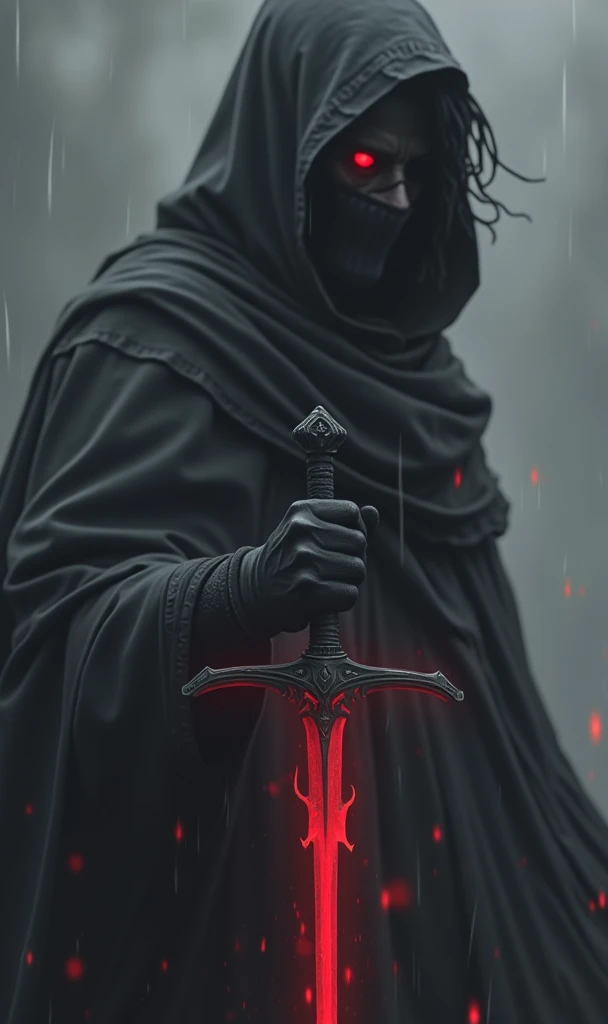  The image shows a dark figure ,  wrapped in a dark cloak ,  holding a sword with a bright blade in a deep shade of red ,  as if energized or surrounded by a demonic aura .  The person has black hair messy and wearing a mask covering part of the face , lea...