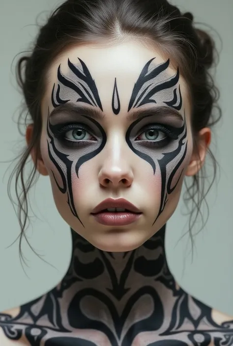 A hyper realistic womans face with facial markings. The markings are part Viking, part science fiction. They are a single color and high contrast against her Caucasian skin. The patterns are symmetrical and must read from a distance, so they shouldnt be to...