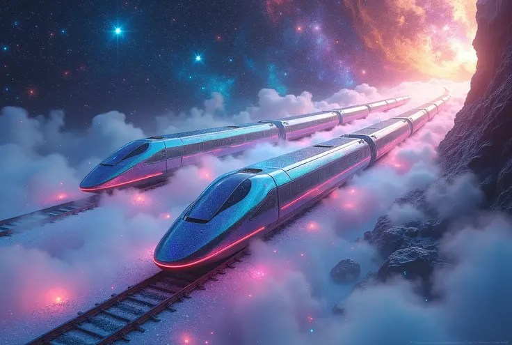 conceptual installation art with bright and colorful random colors, futuristic iridescent-plated trains that run above the clouds, various effects, BREAK background galaxy, neon-colored cosmic ray, shattering the space around her like broken iridescent gla...