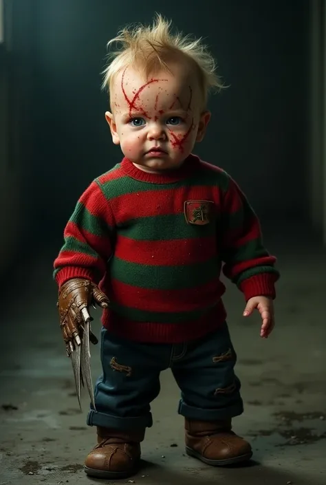 Cute baby dressed as Freddy Krueger in your full costume, realistic full body fashion show