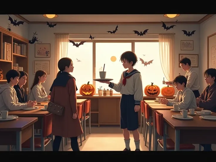  Halloween cafe using a Japanese high school classroom 。Time: Daytime。Atmospheric light 。 The inside of the classroom is Jack O Lantern 、Bats、Spider、 black cat decorations are arranged 。 a female student in a sailor suit carries steaming coffee on a tray 、...