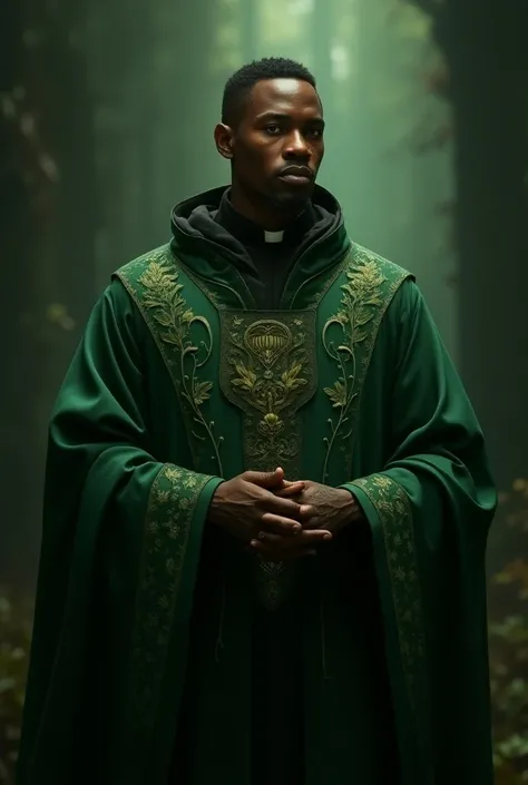 A black male priest ,  with green robes and flower tattoos on his body 