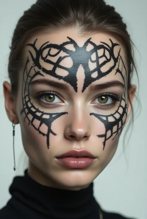 A hyper realistic womans face with facial markings. The markings are part Viking, part science fiction. They are a single color and high contrast against her Caucasian skin. The patterns are symmetrical and must read from a distance, so they shouldnt be to...