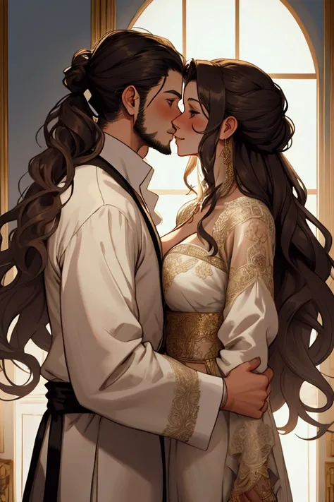 Romantic illustration of a woman with long and wavy hair with a man with his hair tied back looking at each other intensely about to kiss with passion