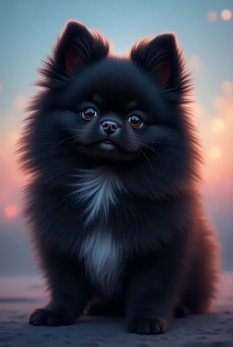  A Pomeranian Lulu with completely black fur, with the background  "sky" And with an areola (make it realistic),  a white stripe on the belly that extends to the vicinity of the mouth, In the background,  luminously written  "Thiaquinha "