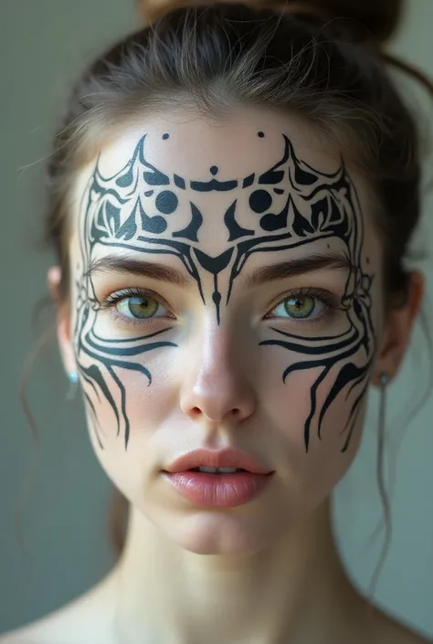 A hyper realistic womans face with facial markings. The markings are part Viking, part science fiction. They are a single color and high contrast against her Caucasian skin. The patterns are symmetrical and must read from a distance, so they shouldnt be to...