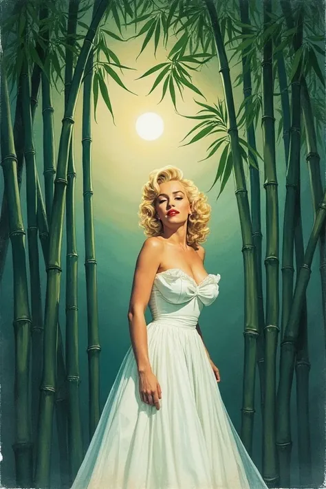 Watercolor、 old paper texture、Damaged Paper、Old style、Faded colors。 while pale moonlight shines into the bamboo grove at night 、 one bamboo shines 、 Marilyn Monroe appears from there 。 she shakes her golden hair 、 wearing a white dress 、 the moment she com...