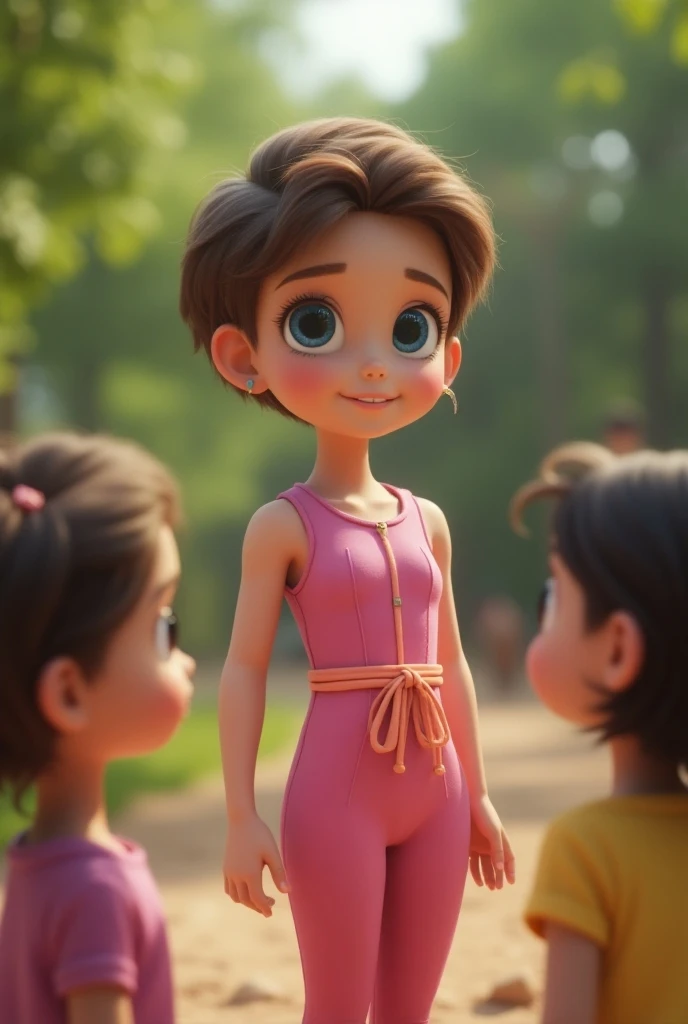 White girl , 10y, 1:4, standing, side view, pink jumpsuit,  tight jumpsuit, jumpsuit legggings, waist cord, short pixie hair, brown hair, small earrings, blue eyes, smile, touched on breast by 2 smaller girls, playground,