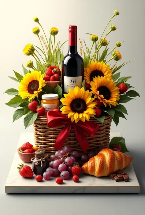  a logo for TDRAMAI GOURMET on a square cold plate , with 7 medium sunflowers , a bottle of red wine written T .G Reserva , cups, chocolate, strawberry,grapes, a jar of honey , 2 small ,  croissant packed in a gift basket with a medium red ribbon 