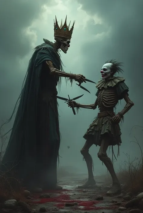 Skeleton with crown and macabre clown fighting
