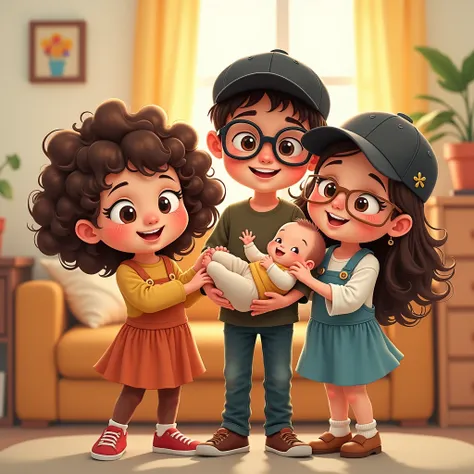   Two curly-haired brunette girls , one with short hair, Another with long hair ,  a boy wearing tall glasses and a black cap and the other brunette wearing a cap,  tall glasses and a baby on the floor .