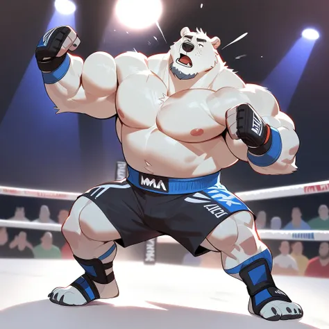 bara polar bear, strong physique, perfect anatomy, masterpiece, gray moustache and beard, wrinkles huge white fur, solo, great lighting, black MMA shorts with blue slits, MMA fingerless gloves with blue kuckle pads, ankle support foot brace wraps, MMA figh...