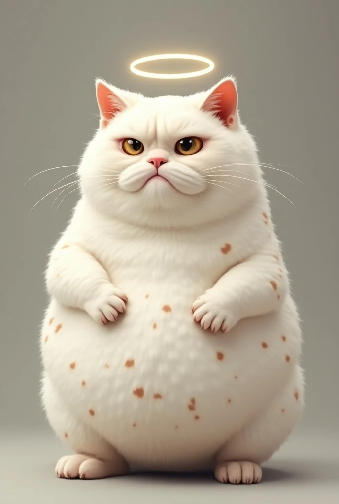  Create image of a white cat with light brown spots all over its body (more blemishes on the face and less on the body), chubby, bad mood, with halo (angel) over the head, realistic styled image .
