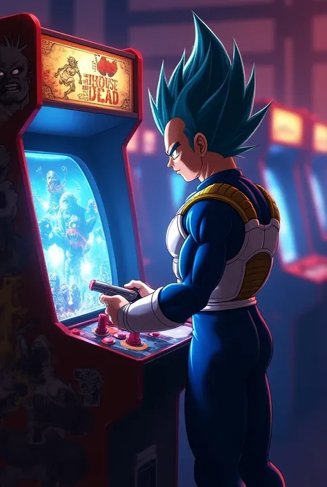 Vegeta playing the shooting video game "The House of The Dead " on the gaming machines