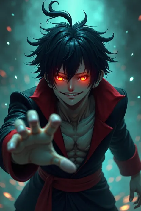  The image depicts a character with an insane and disturbing expression ,  with glowing eyes in an intense red and a malicious smile on his face .  He has short, messy black hair ,  with a peculiar lock raised at the top of his head . Your posture is confi...