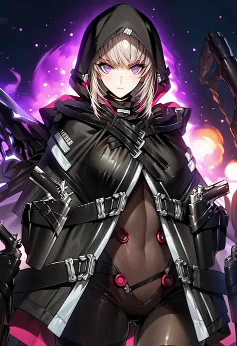 absurdres, by famous artist, exquisite, cowboy shot, hood,  jacket, body suit, black clothes, black wear, weapon,((( purple eyes))), perfect eyes,ultra detailed beautiful face, masterpiece, super fine illustration, ultra high res, masterwork, best quality,...