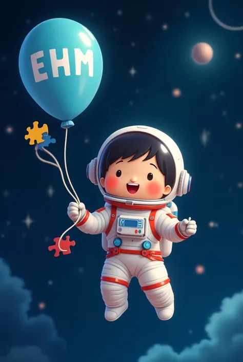 Create an image of a flying Nissei astronaut holding a light blue balloon with the letters EHM and the cord with puzzle pieces joyful image autism 


