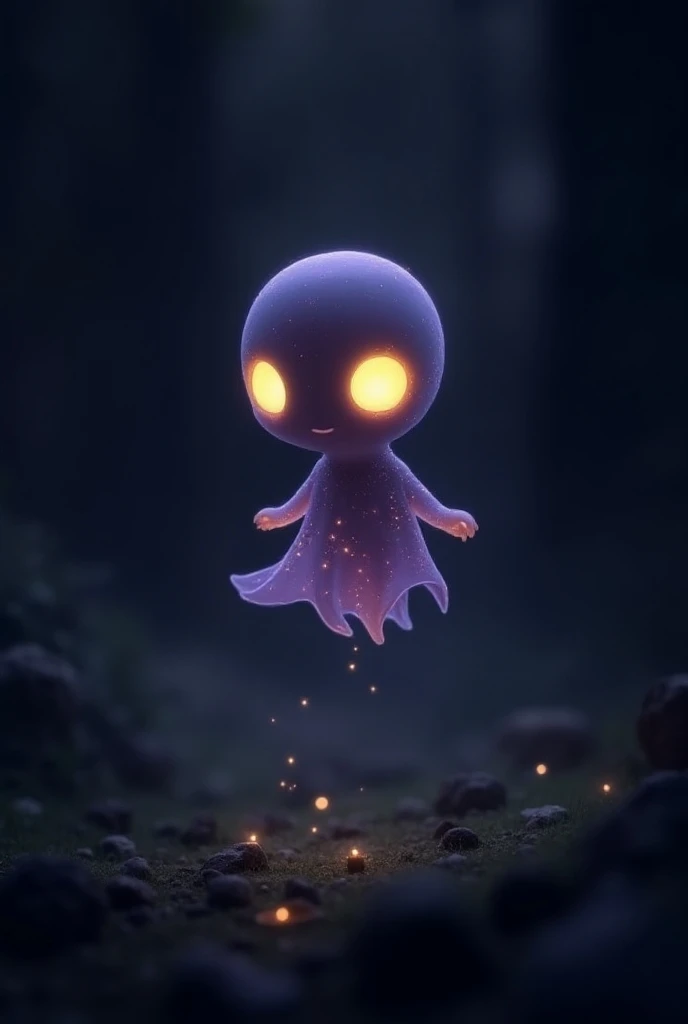 A small ghost with a shape a little similar to a human but it is very dark purple and through it you can see some stars,his eyes are completely yellow 