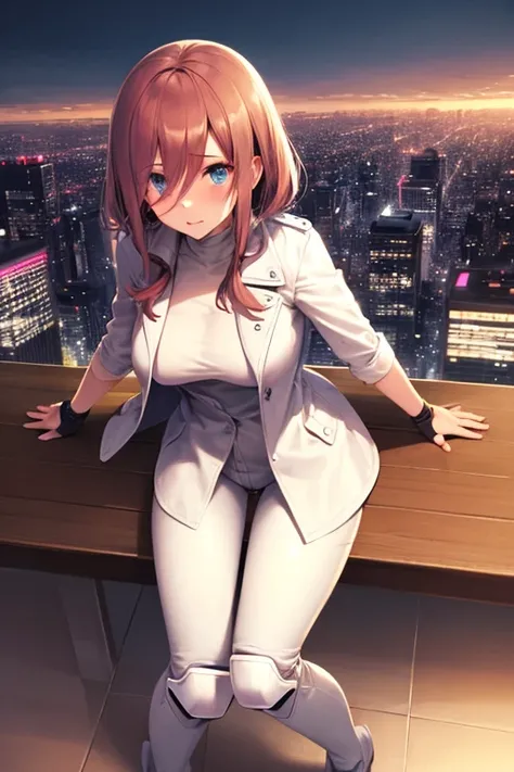 Masterpiece, best quality, ultra detailed, illustration, lighting epic, cinematic composition, 1 girl, Miku Nakano, medium hair, brown hair, medium breasts, blue eyes, bright eyes, blushing, closed mouth, full body, tall, long beige trench coat, open trenc...