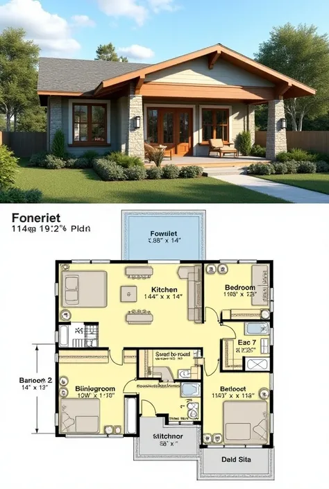 Bungalow with 2 bedrooms dining room kitchen 
Architectural plan