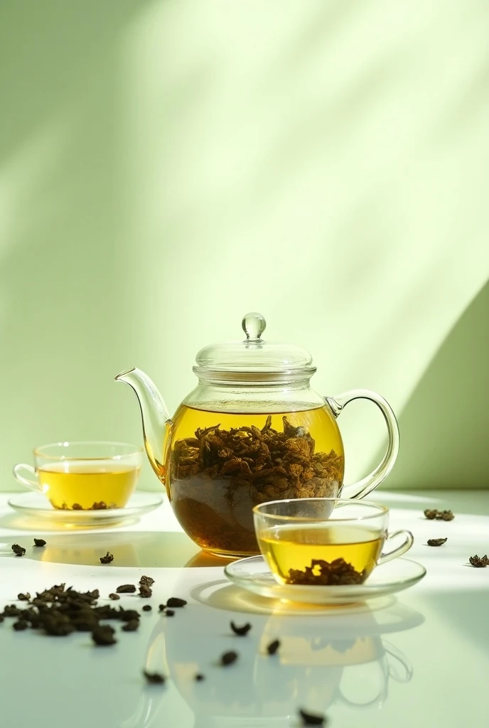  Realistic photo for advertising black and green leaf tea with a glass teapot and cups. Everything on a bright table