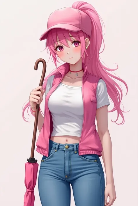  Teenager with long pink hair and wearing a ponytail, Wear a cap ,  pink vest and white top , jeans,  wear a pink umbrella , has WHITE skin, has big breasts,  thick thigh and thick legs 