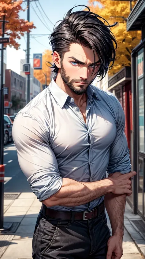 Young Adult male, dark raven hair, Wolf cut hairstyle, mullet hairstyle, Mature face, adult face, Manly face, stuble, beard, Light Blue eyes, White straight teeth, septum piercing, Fair skin, handsome, fully clothed, very Demure, autumn colors, pants, shir...