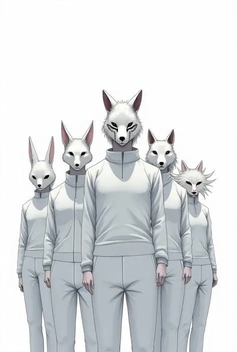 A squad with different white animal masks on a white background ( ANIME STYLE)
