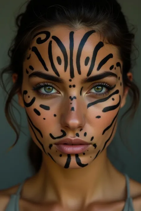 A hyper realistic womans face with simple facial markings. They are a single color and high contrast against her Caucasian skin. The patterns are symmetrical and must read from a distance, so they shouldnt be too thin. The markings are more than lines, the...