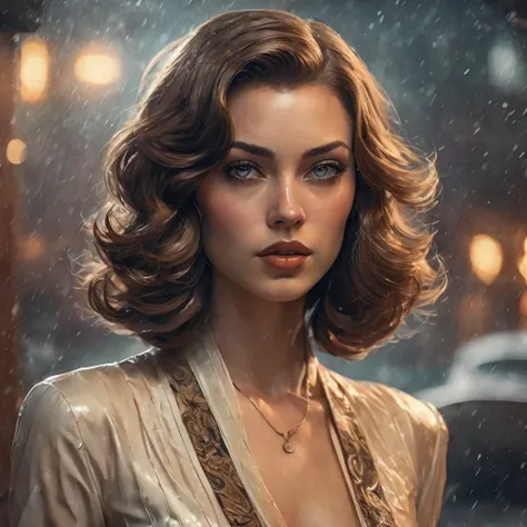 professional photoshoot, of a beautiful young supermodel woman, lean body, bob hair cut, detailed face, (closeup:1.2), gorgeous, undercover agent, (wearing a retro dress:-0.3), city street, (1940s style:1.2), snowy, retro style, aesthetic, night, dim light...