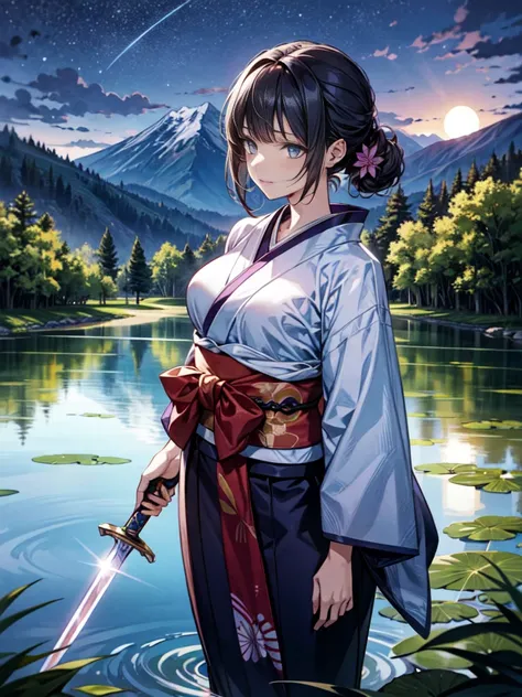 sfw, masterpiece,  High Resolution ,  anatomically correct,  very detailed ,  ultra-fine,A woman in a kimono ,  with purple blue eyes, Sword User,   Japanese Legends , night, Pond in the mountains, Flowing Blood, 