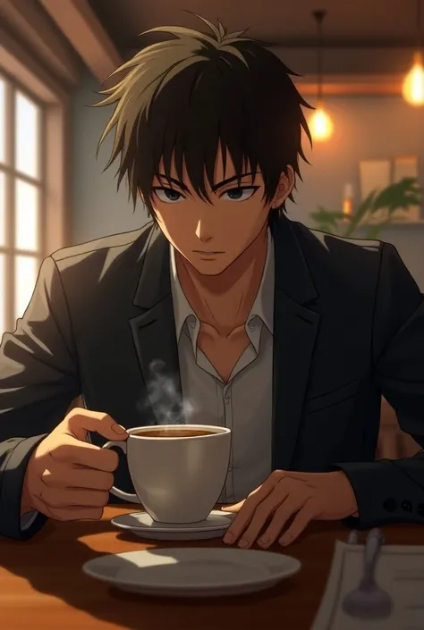 Hakari kinji drinking coffee 
