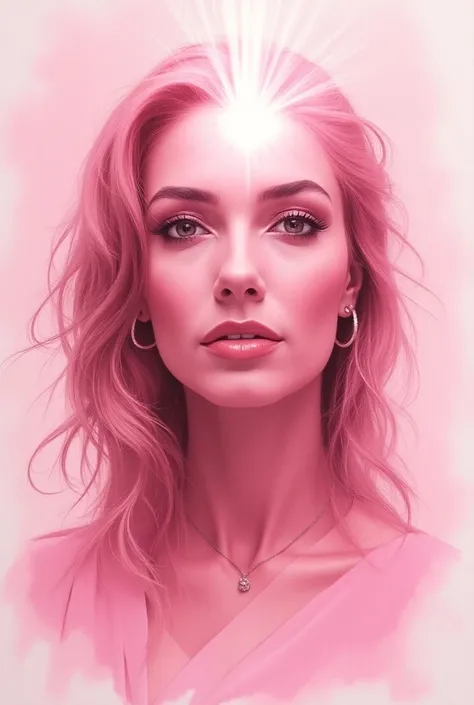  A drawing in pink graphite of a woman between 40 and 50 years old with a Latin American face and a decisive expression.  That you must fight against breast cancer ,  the image must be shocking for women , At the top there must be sunlight that passes exac...