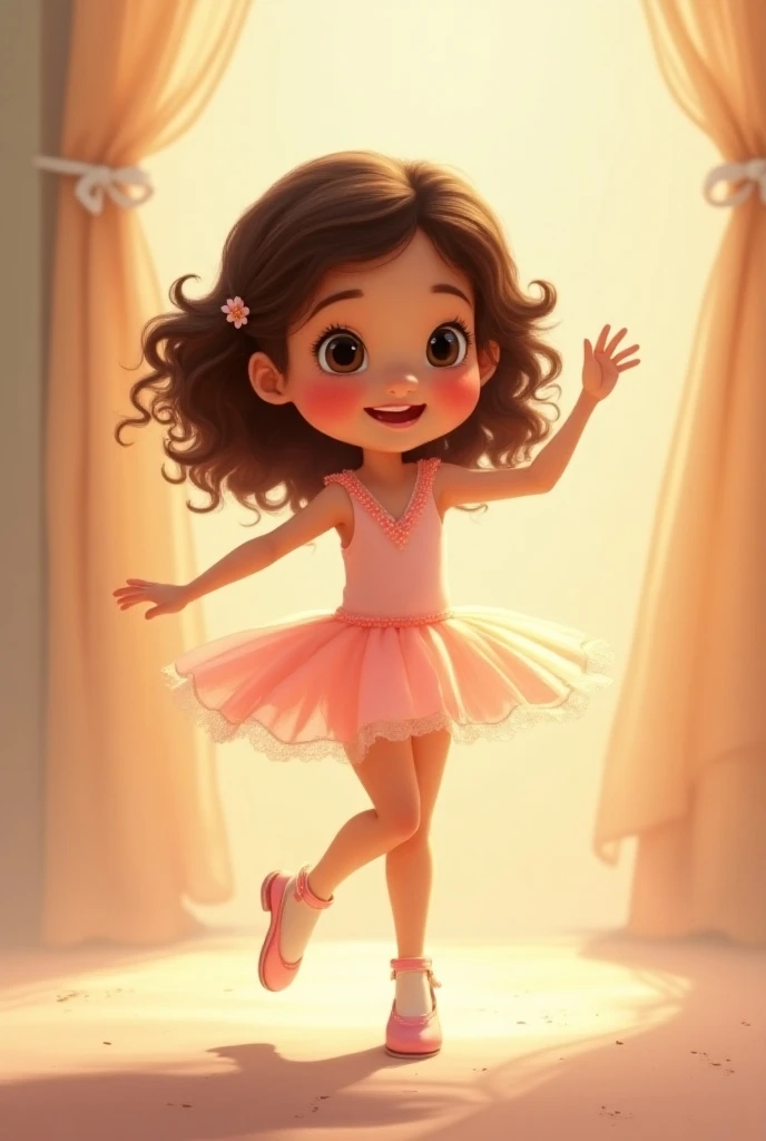 Pixar style, girl, , dressed as a ballerina, smiling, dancing, curly hair, soft eyes