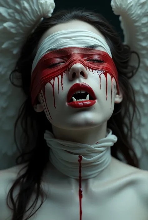 Female blindfolded suffering angel vampire hybrid with sharp white fangs showing in thier mouth with blindfold, eyes bleeding, blood bleed out from thier eyes covered entirely by bandage, and wearing red lipstick extremely detailed, Polish color scheme of ...